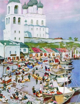 風景 Painting - プスコフ大聖堂近く 1917 年 コンスタンティン ユオンの街並み 都市の風景